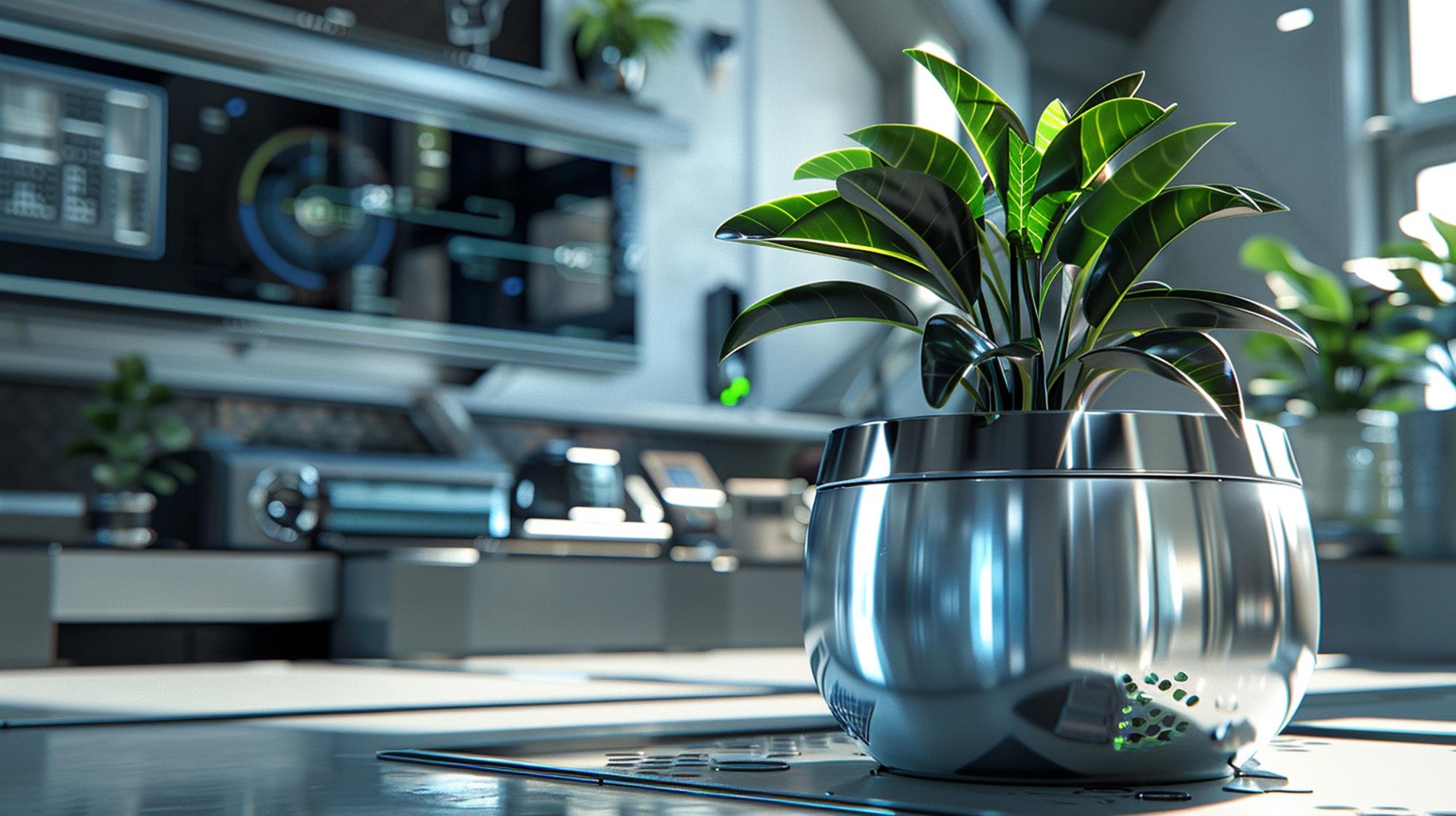 Cucina di studio con superfici in acciaio e piante